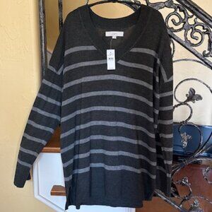 Gray Stripe V-Neck Sweater